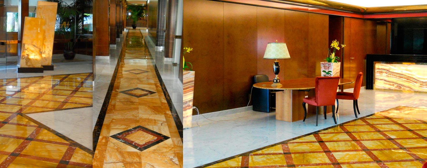 Hotel wall cladding and floor paving in marble