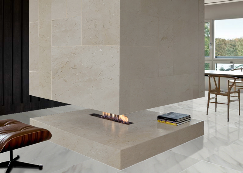 Modern Fireplace Marble Crema Marfil Calacatta Luccicoso